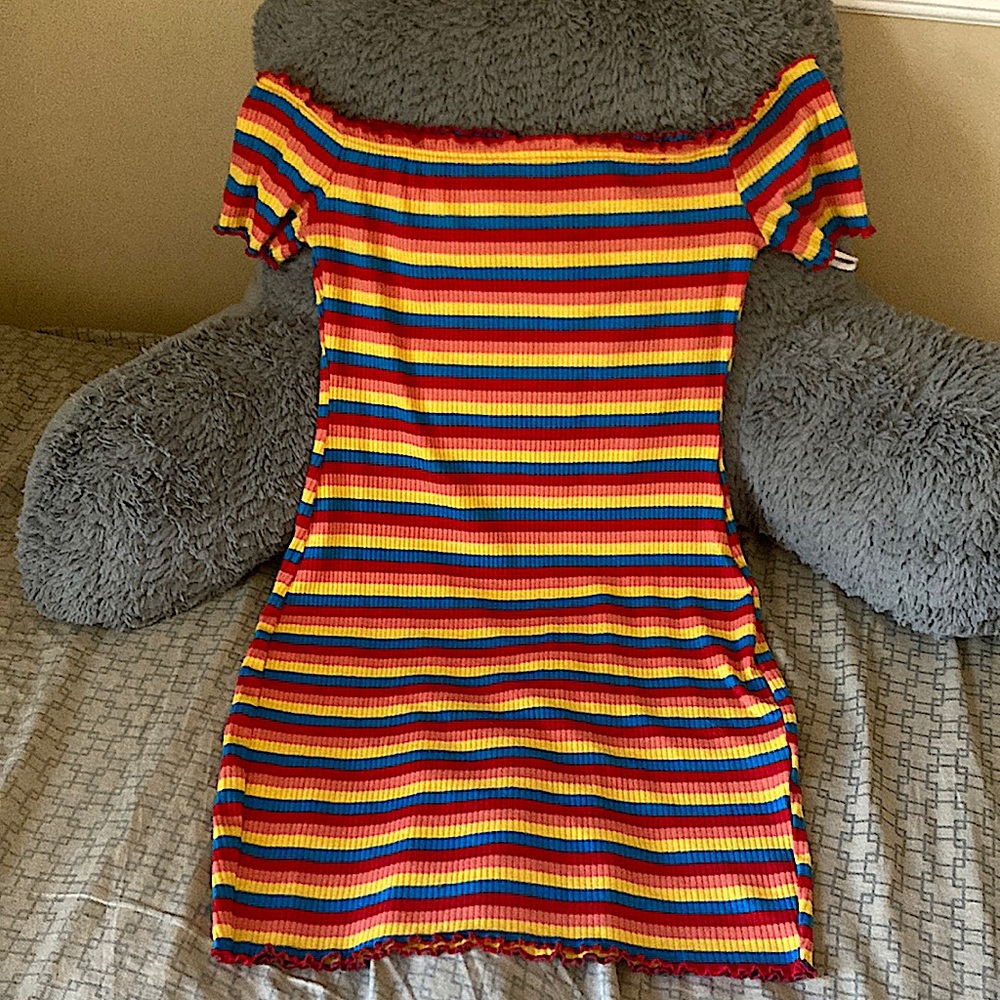 Rainbow horizontal striped mini dress - off the shoulder